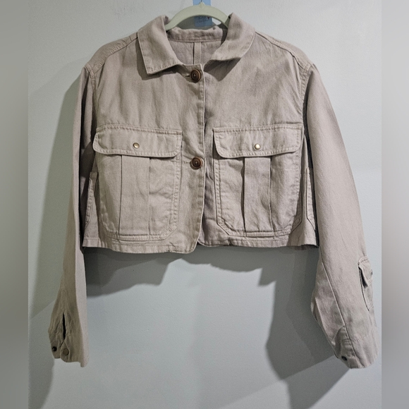 Banana Republic Cropped Utility Jacket Dark Khaki Color Sz Small Cotton & Linen - Picture 6 of 11